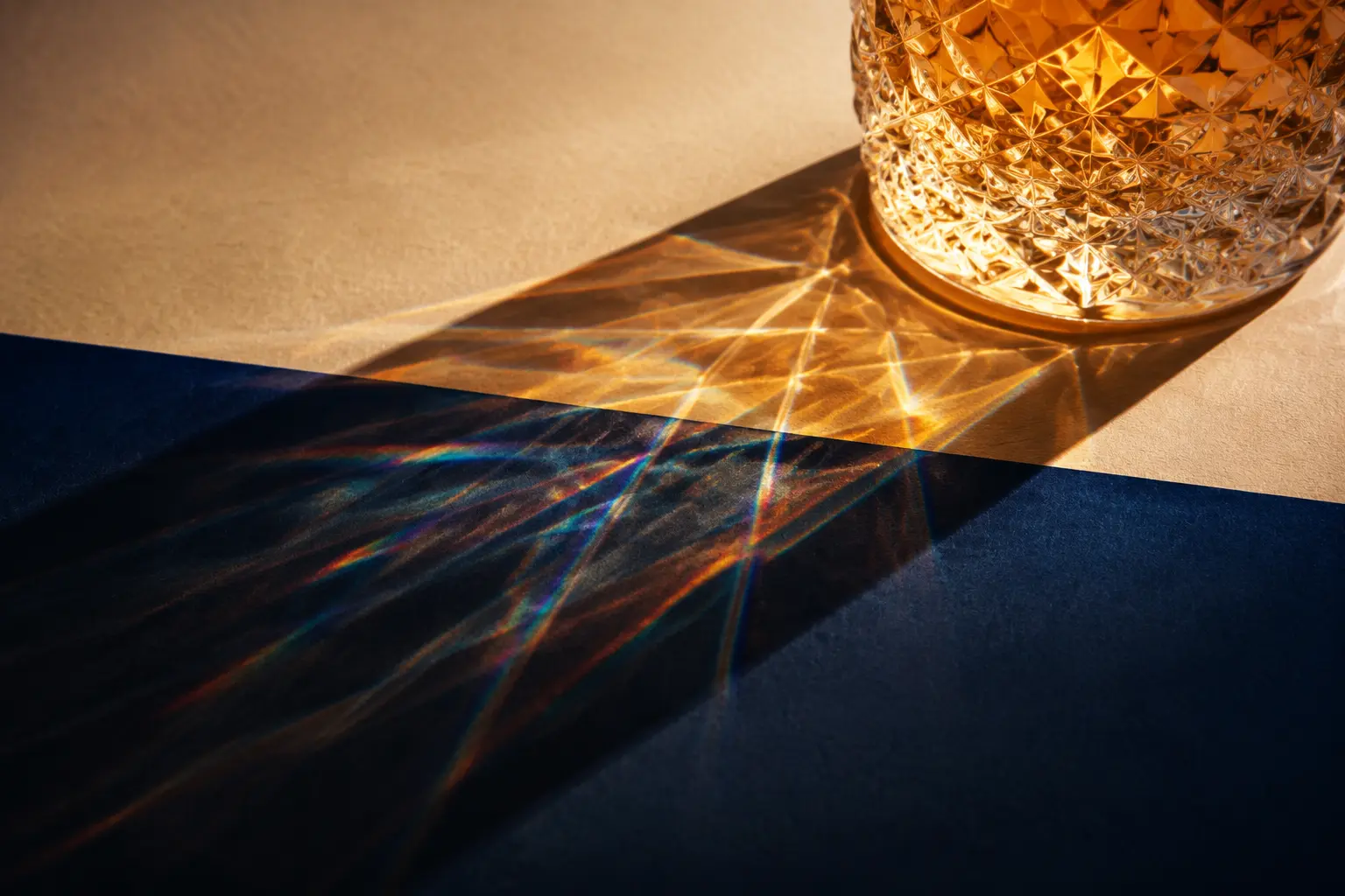 Amber light refracted through cut glass across parchment and indigo