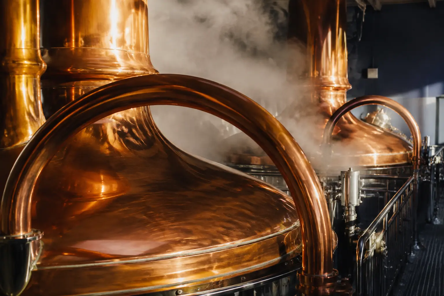 Curving copper brewing vessels and soft steam in an unbranded modern brewhouse