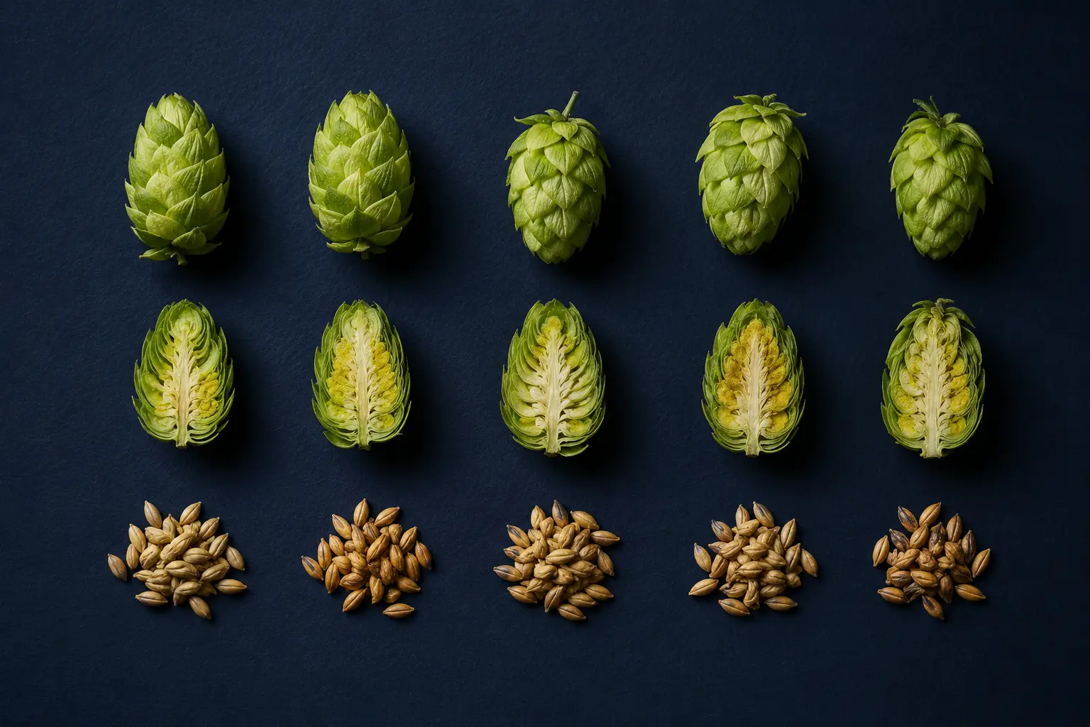 Whole and cut hop cones with barley arranged as a modern botanical grid